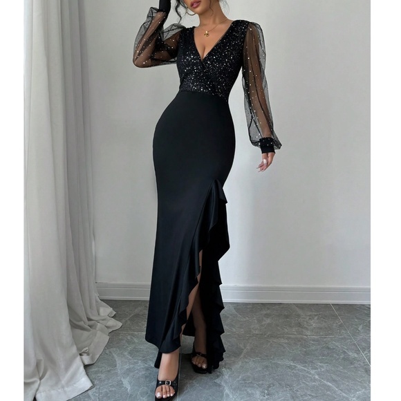 Luxe Black Sequin V neck Semi Sheer Long Sleeve Party Evening Gown Dress - Picture 4 of 5